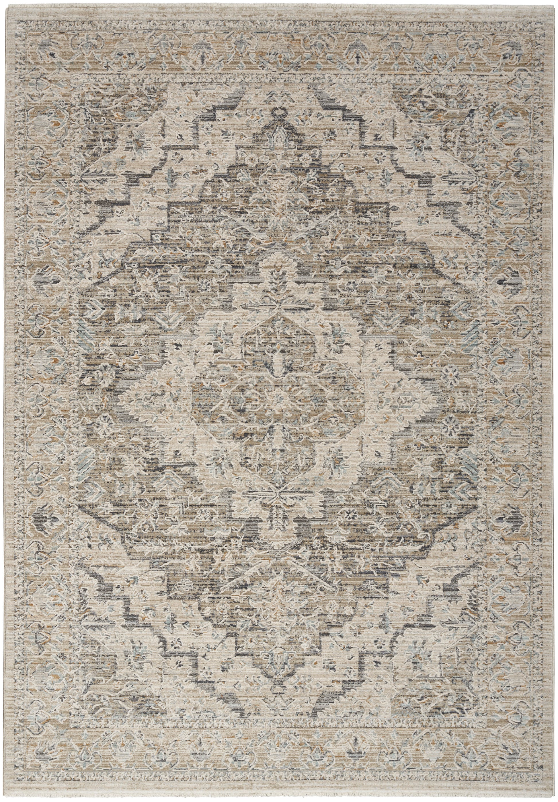 Neutral-toned rectangular area rug with distressed traditional medallion, ornate border, in beige, ivory, taupe and gray.
