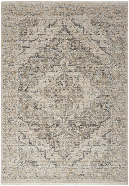 Neutral-toned rectangular area rug with distressed traditional medallion, ornate border, in beige, ivory, taupe and gray.