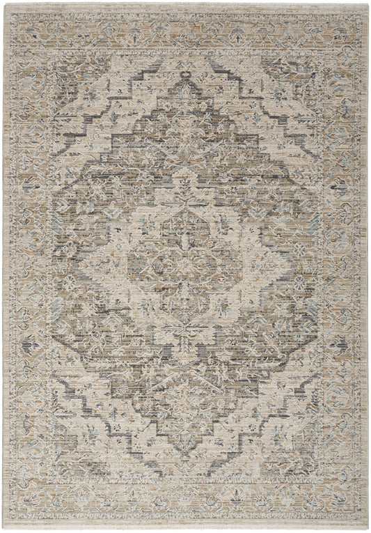 Neutral-toned rectangular area rug with distressed traditional medallion, ornate border, in beige, ivory, taupe and gray.