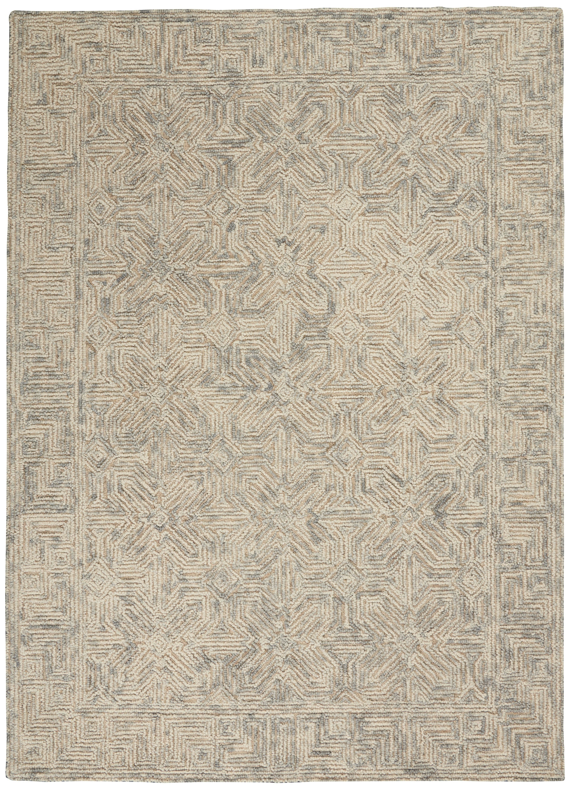 Beige-gray woven area rug with intricate geometric lattice pattern and subtle border; rectangular, contemporary style.