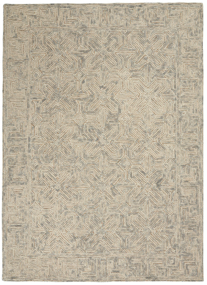 Beige-gray woven area rug with intricate geometric lattice pattern and subtle border; rectangular, contemporary style.