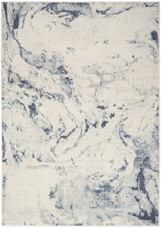 Rectangular abstract area rug with ivory base and blue-gray marble pattern, soft textured pile for living rooms.