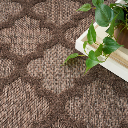 Brown woven rug with geometric lattice chevron pattern; green leafy plant on a light wood crate.