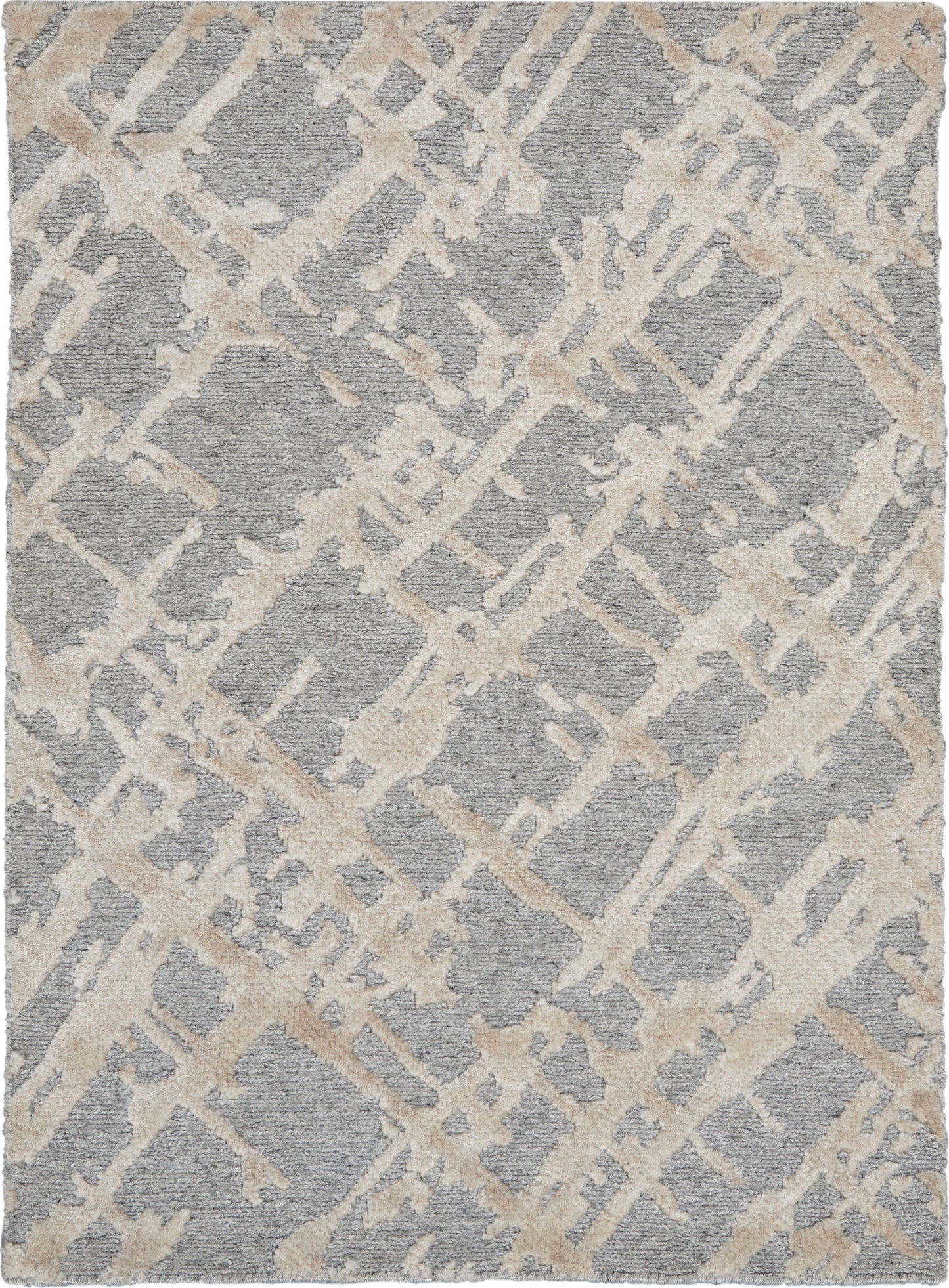 Rectangular modern area rug with gray field and ivory lattice pattern; low-pile, versatile for living room.