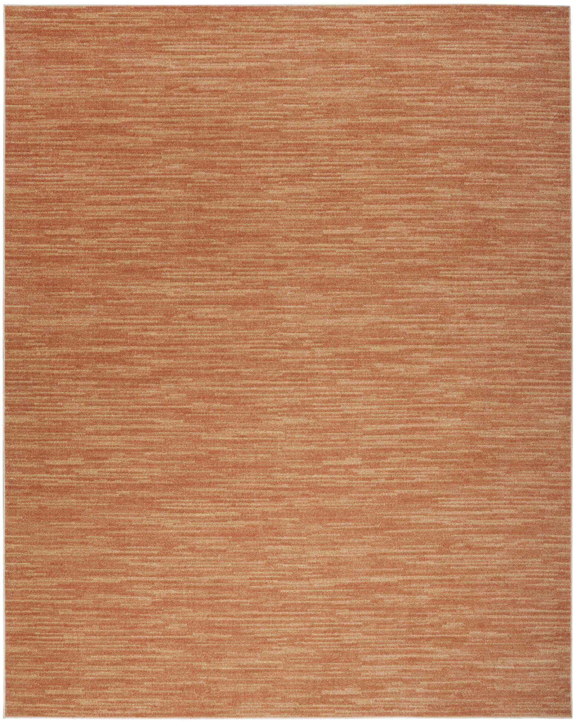 Terracotta-orange rectangular outdoor rug with subtle horizontal stripe texture and woven finish.