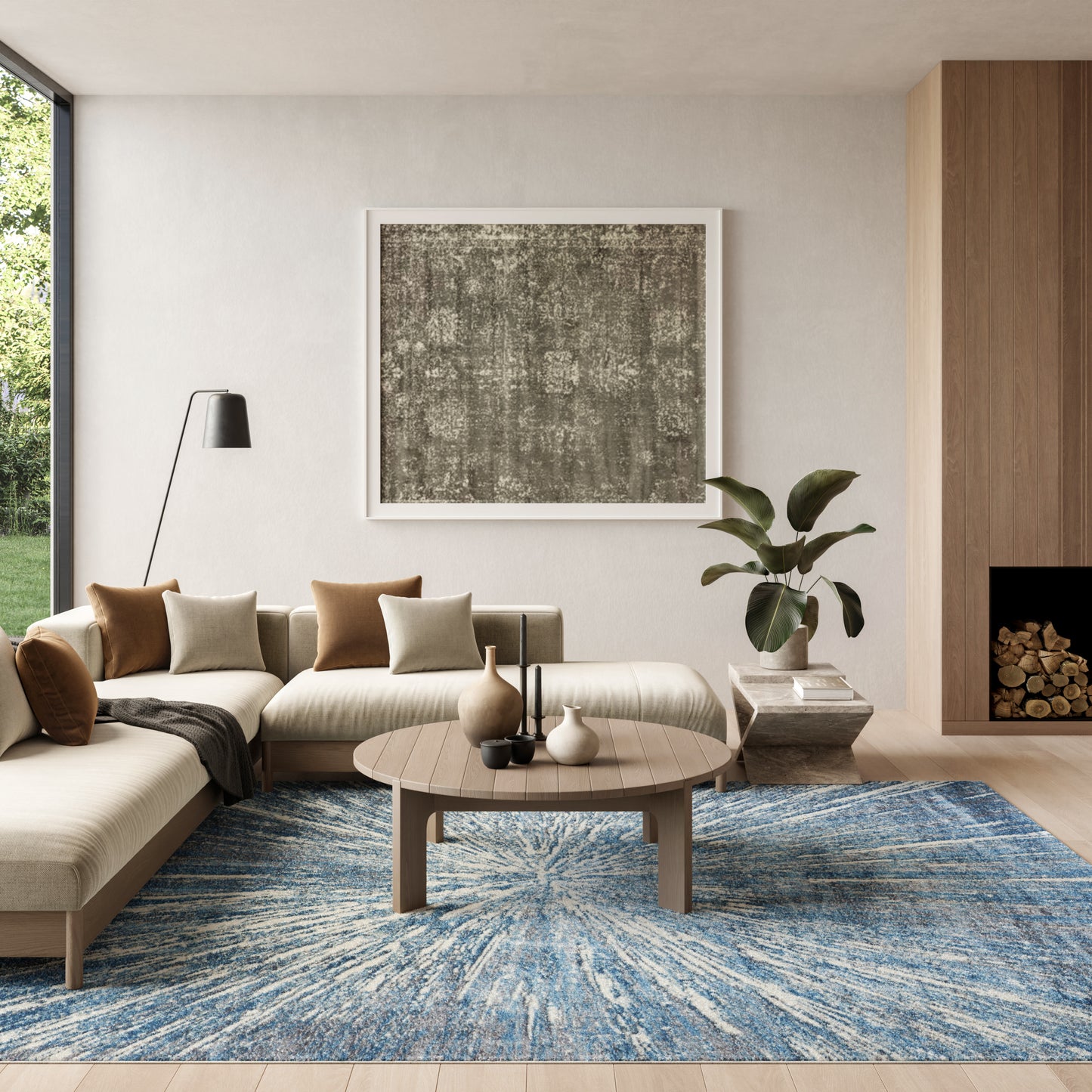 Blue patterned rug, 8' x 10', in a modern living room.