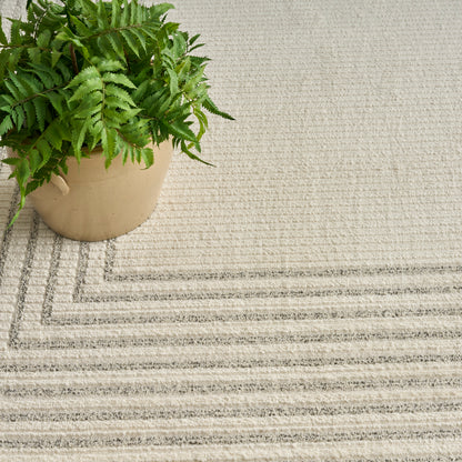 Beige textured rug with a grey geometric border, featuring a green fern in a tan ceramic pot resting on it.