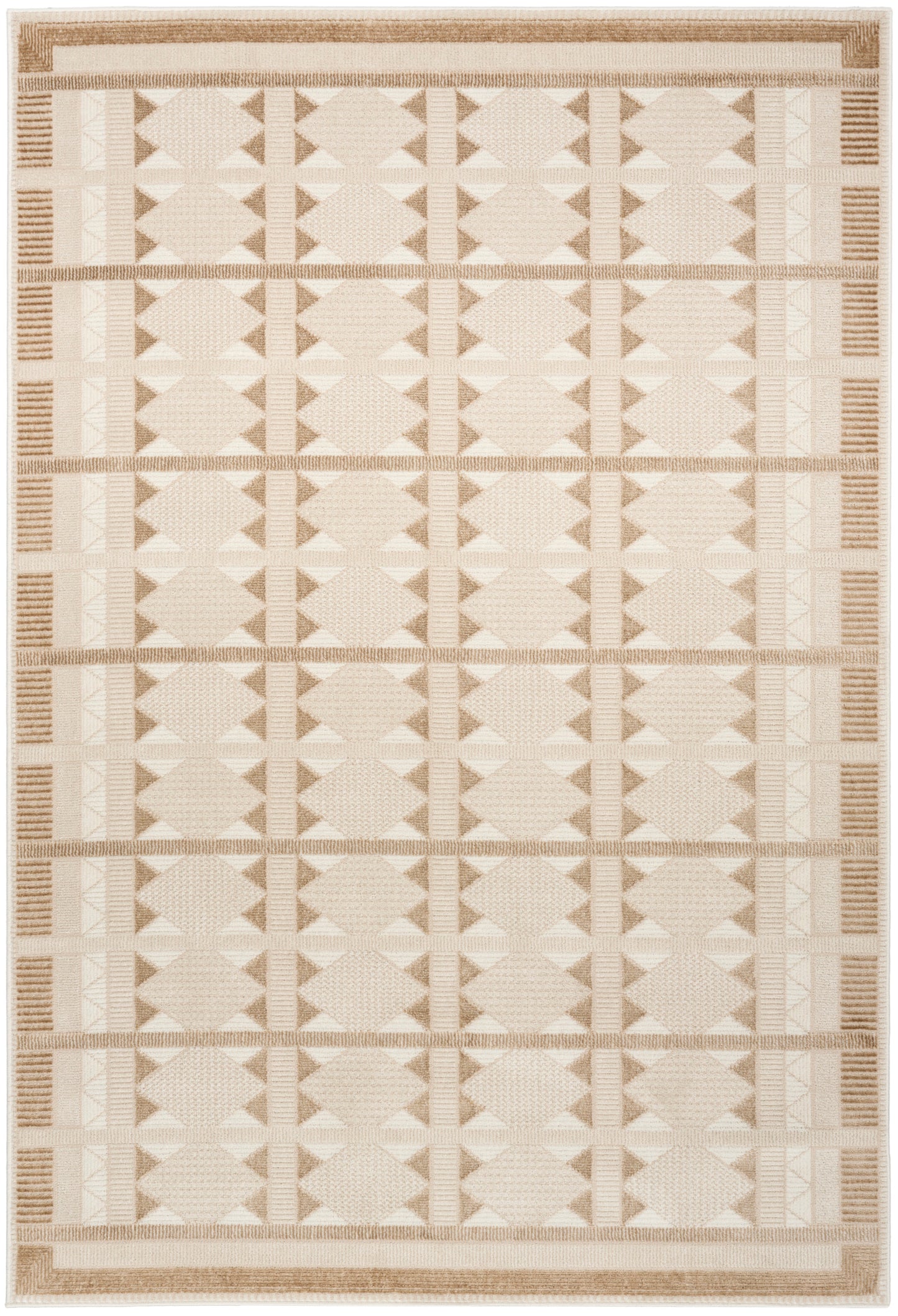 Beige and cream woven area rug featuring a diamond grid pattern with a striped border.