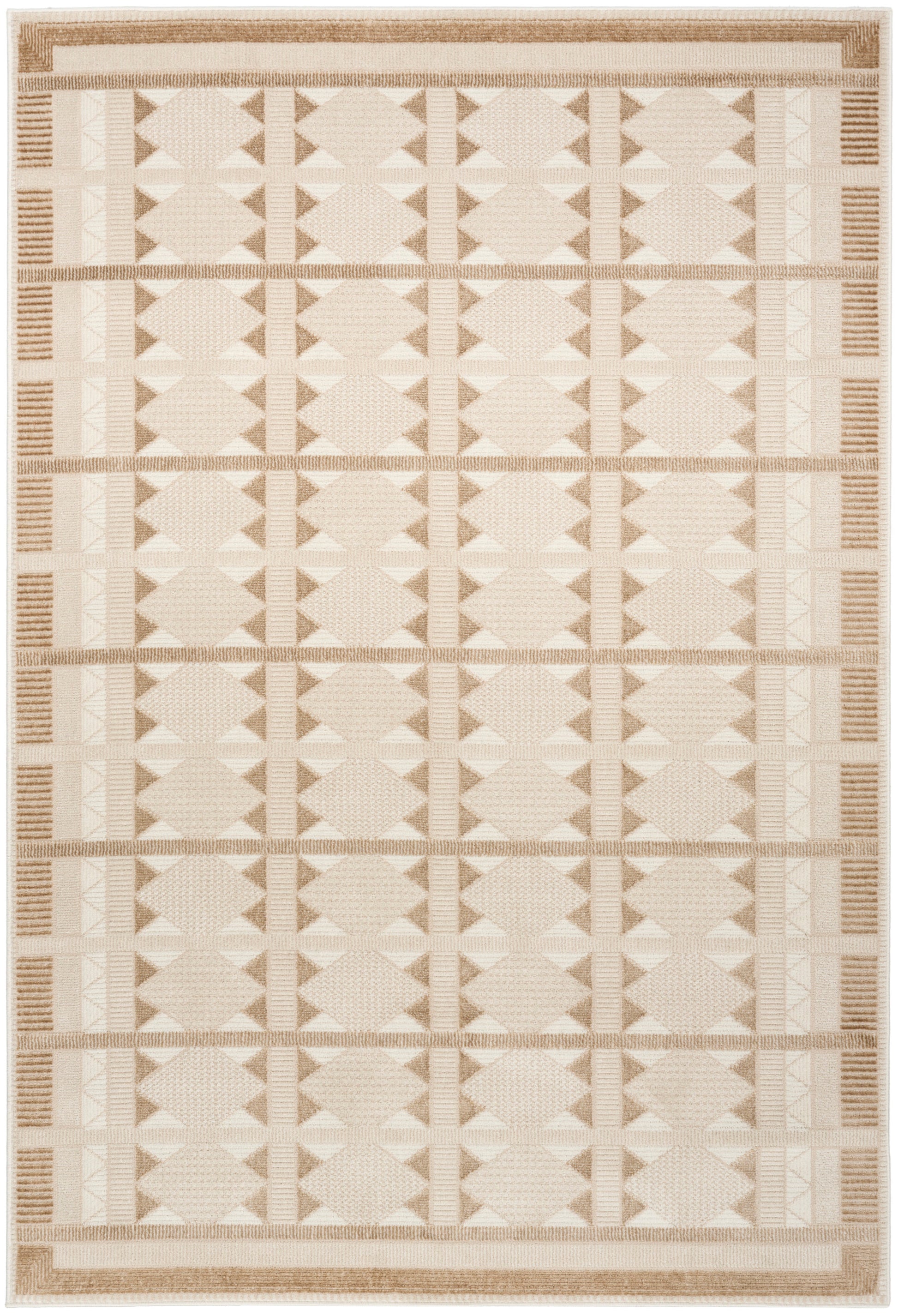 Beige and cream woven area rug featuring a diamond grid pattern with a striped border.