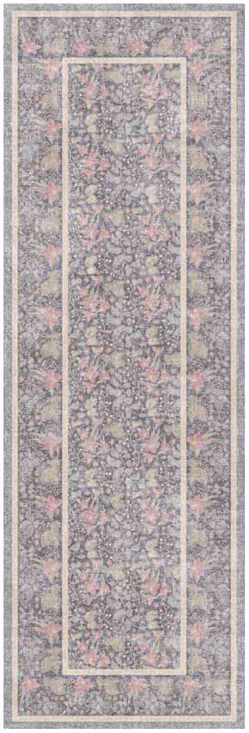 Floral patterned runner rug in pink, gray and beige with cream borders; long hallway rug.