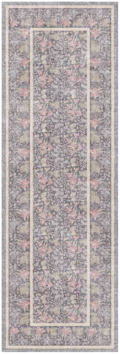 Floral patterned runner rug in pink, gray and beige with cream borders; long hallway rug.