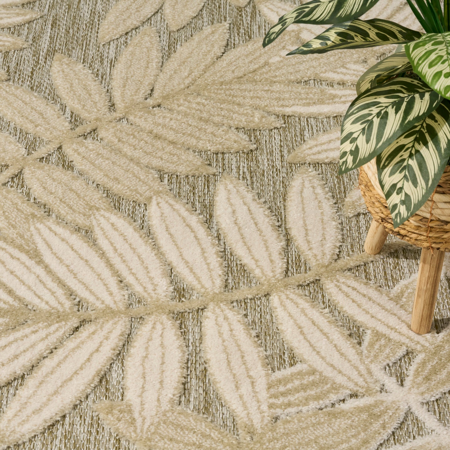 Beige jute rug with cream palm leaf motifs; potted variegated plant in a woven basket beside it.