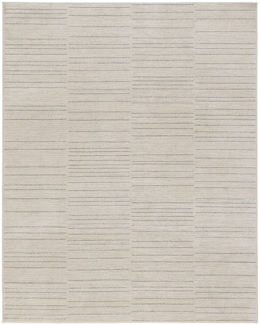 Beige flat-weave rug with subtle horizontal striped blocks and textured surface.