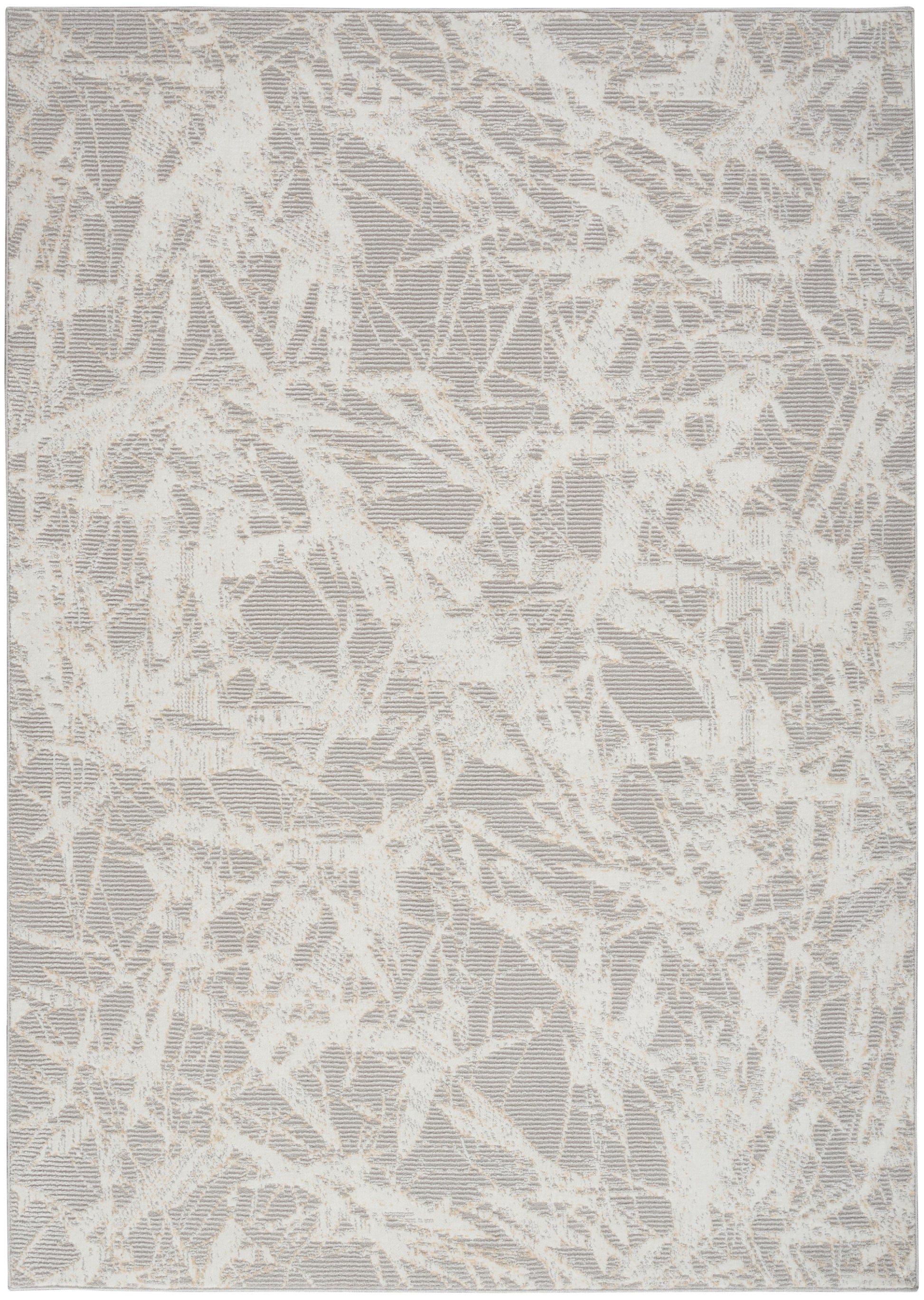 Rectangular rug with light gray base & cream abstract crackle pattern; modern woven area rug.