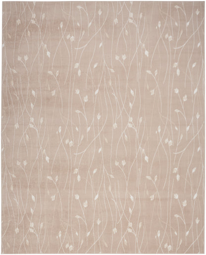 Beige rug with white botanical vine and leaf pattern, soft textured floor covering.