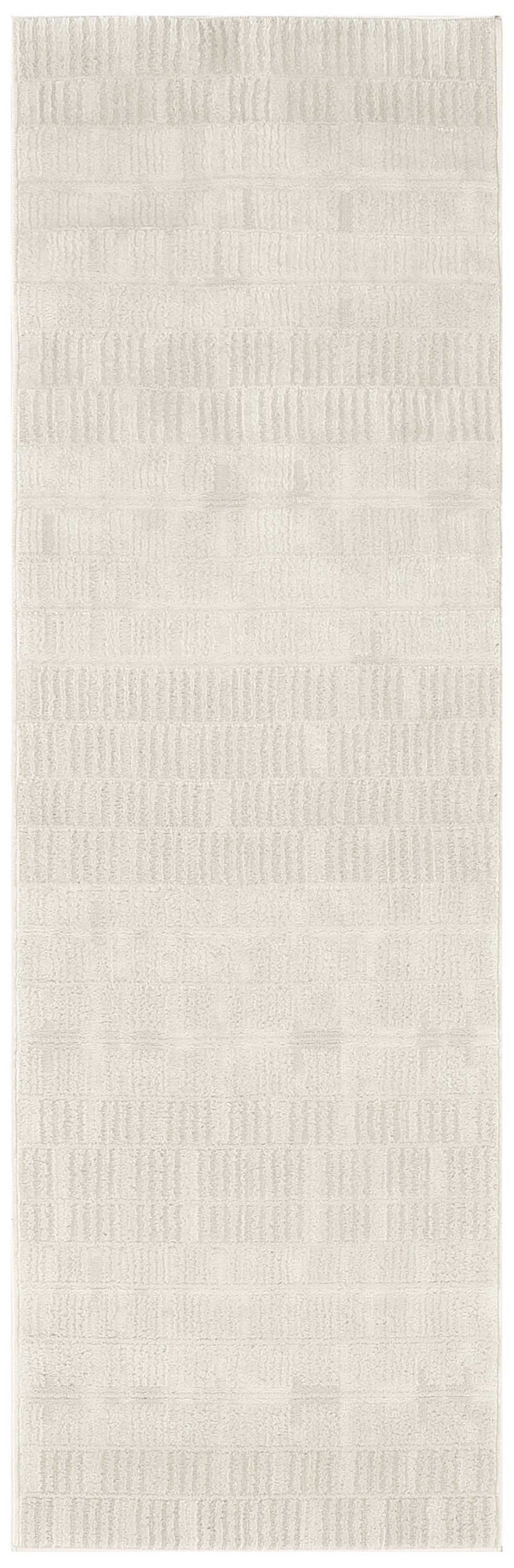 Cream rug runner with embossed striped rectangular pattern and soft beige texture.