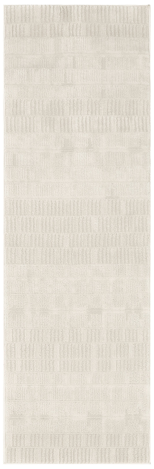 Cream rug runner with embossed striped rectangular pattern and soft beige texture.