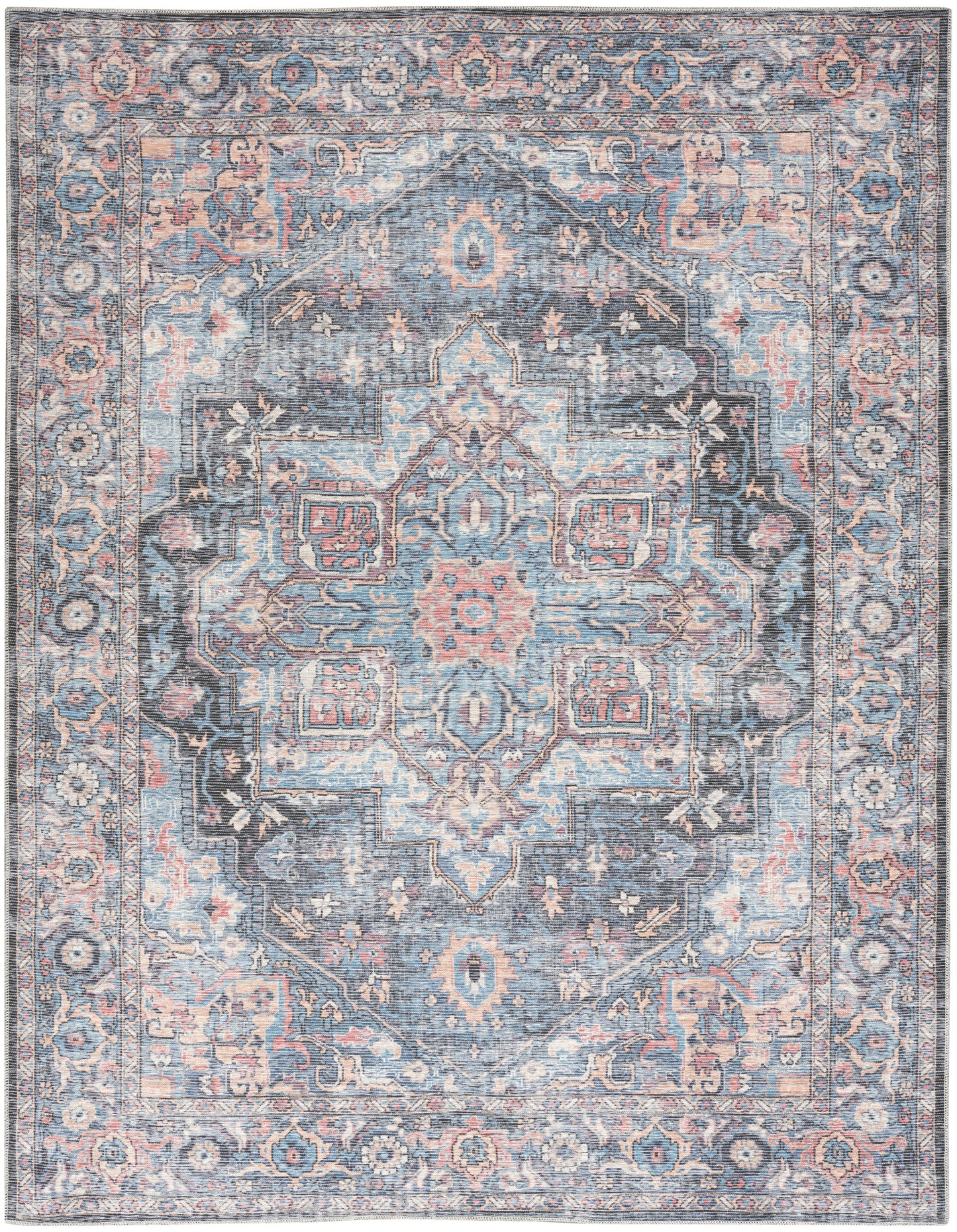 Rectangular Persian-inspired rug in blue, blush pink and ivory with central medallion and intricate floral border.