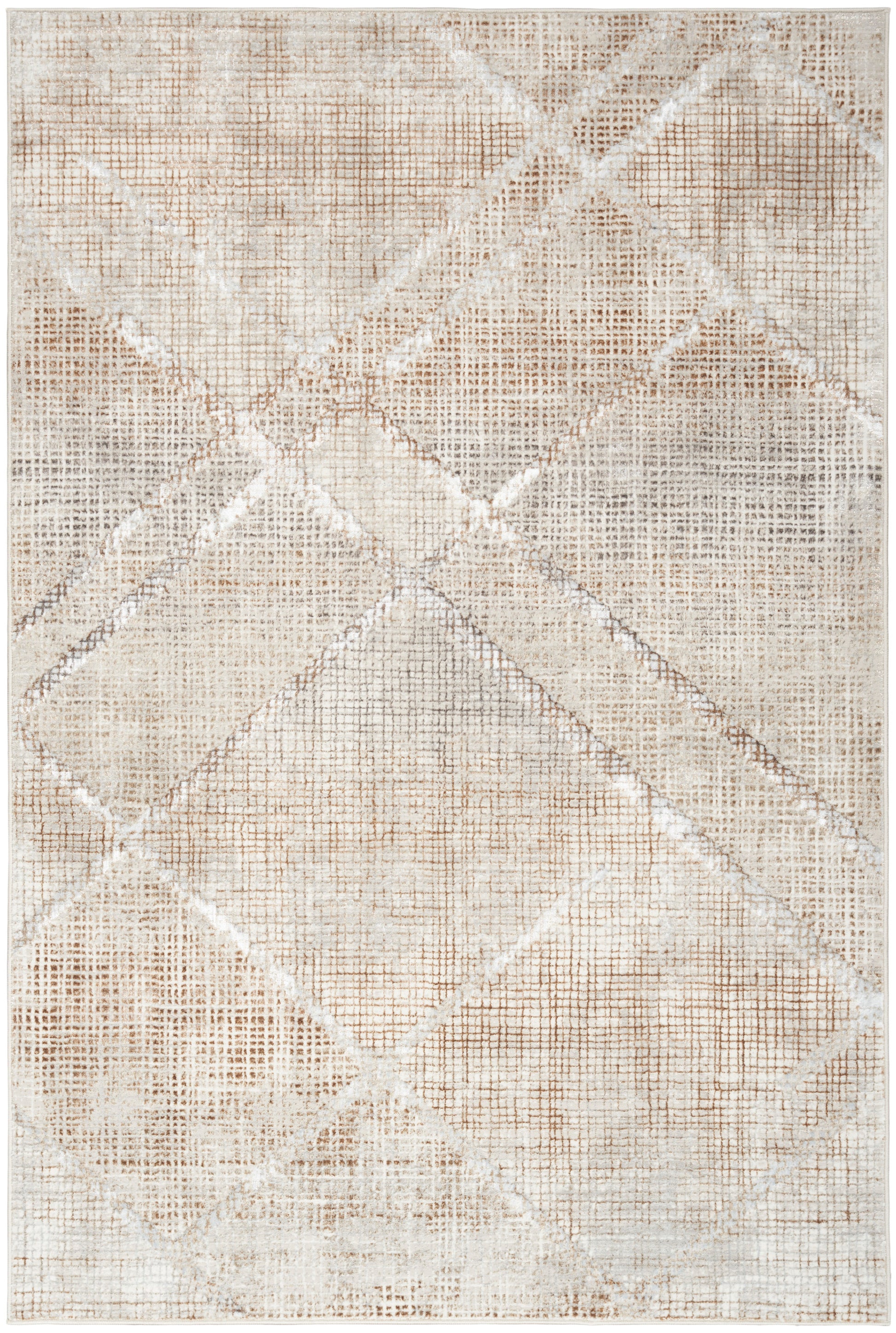 Neutral beige rug with cream geometric diamonds and intersecting lines; softly distressed textured pile.