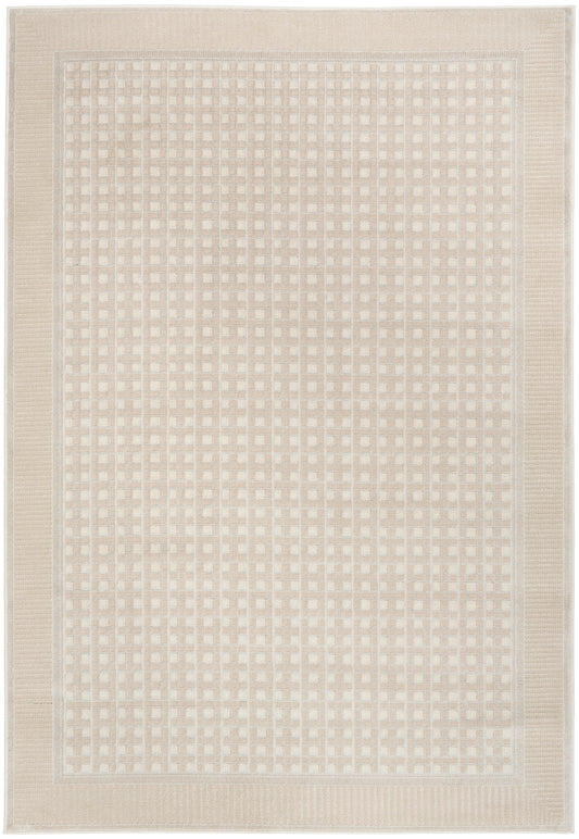 Beige rectangular rug with a light grid center and wide border; woven, neutral-toned, modern minimalist style.
