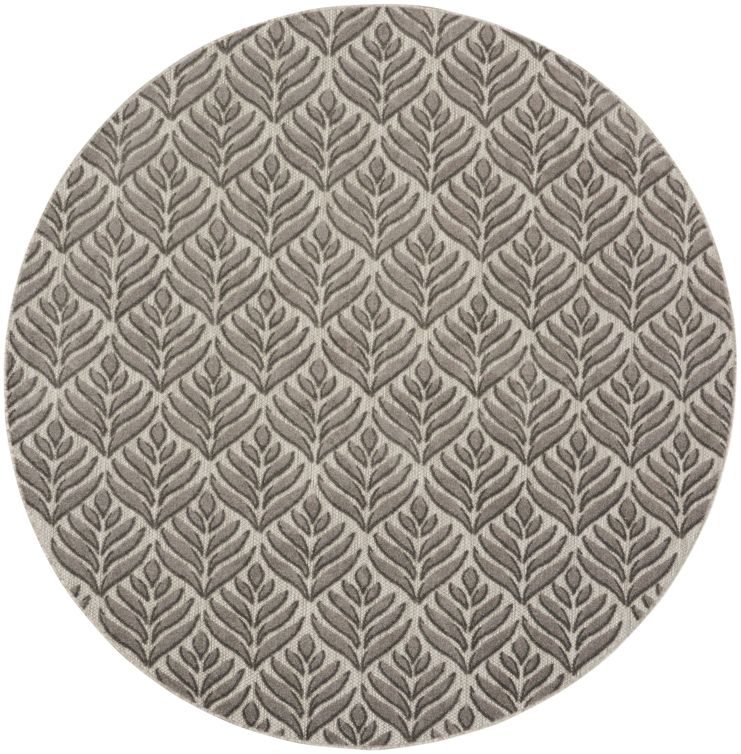 Round rug in taupe with a gray botanical leaf pattern; textured woven fabric for modern home decor.