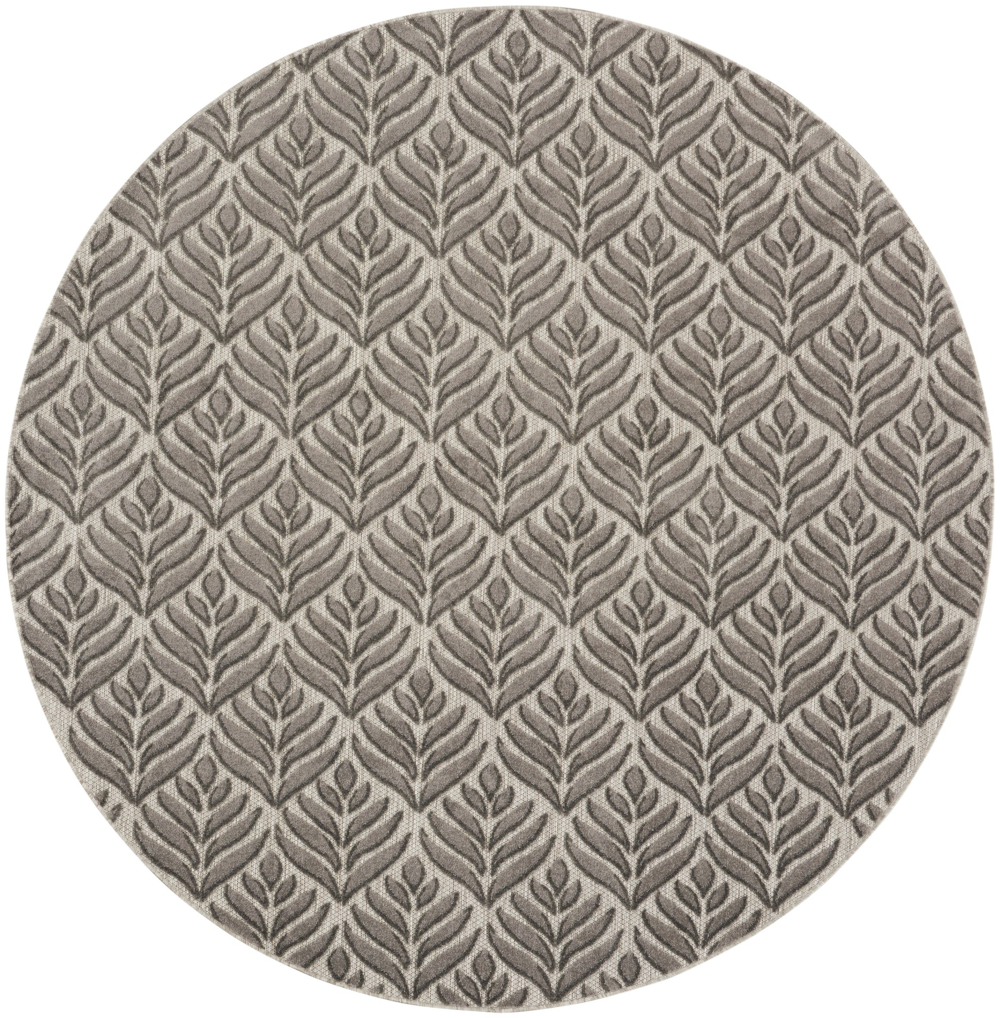 Round rug in taupe with a gray botanical leaf pattern; textured woven fabric for modern home decor.
