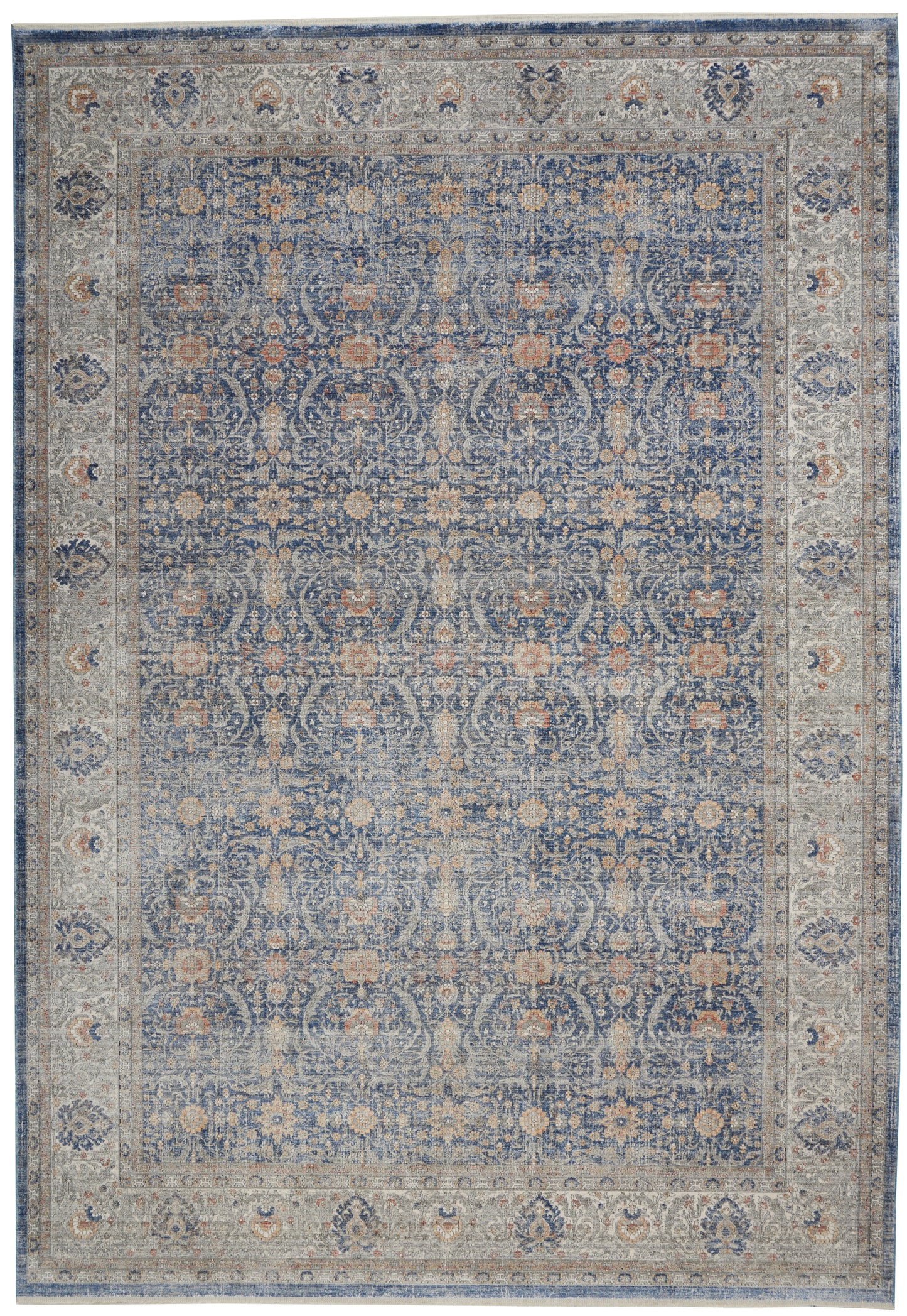 Blue-toned oriental rug with cream border and intricate floral scrollwork.