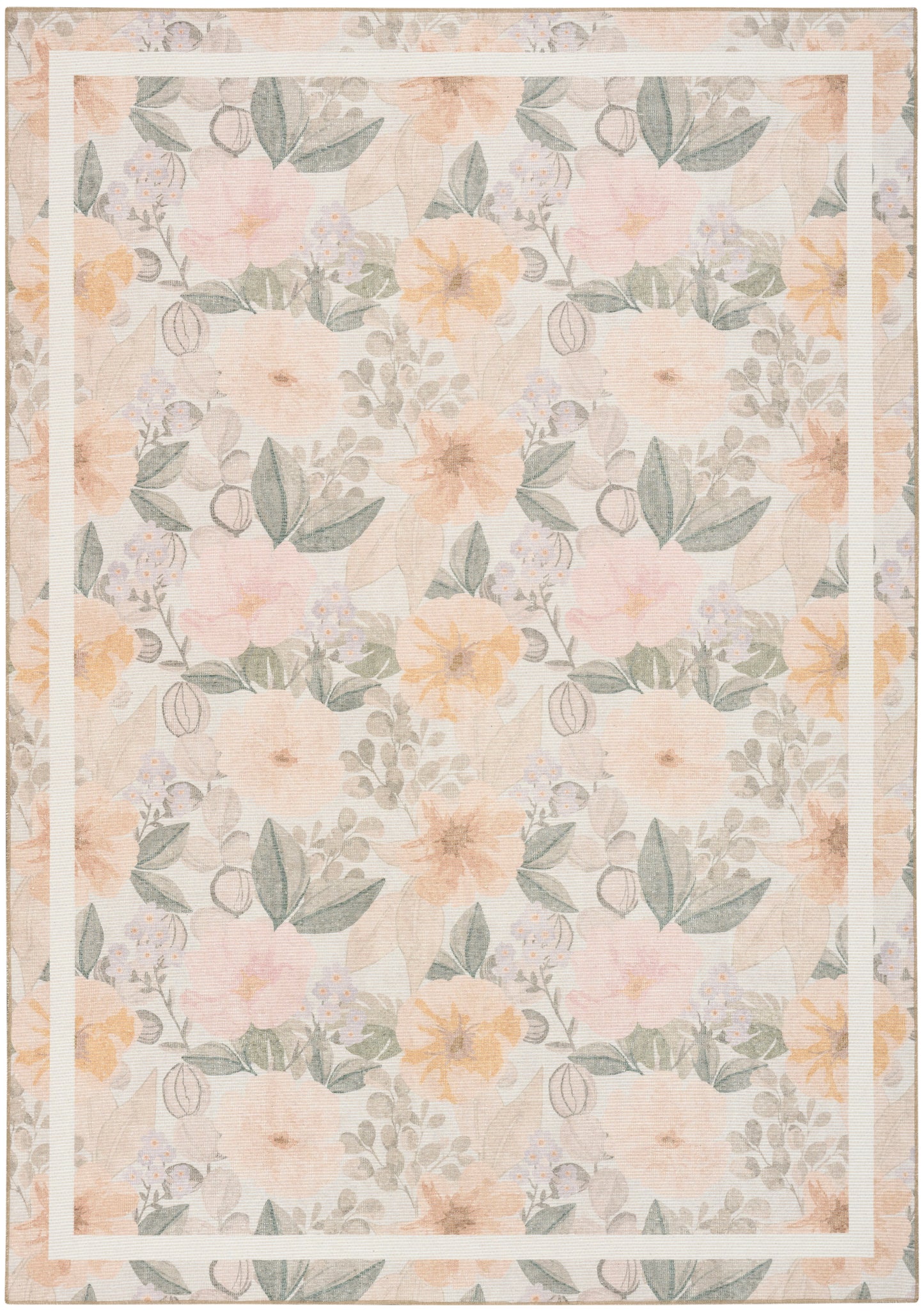 Floral border rug with peach and yellow flowers and gray-green leaves in a vintage framed pattern.
