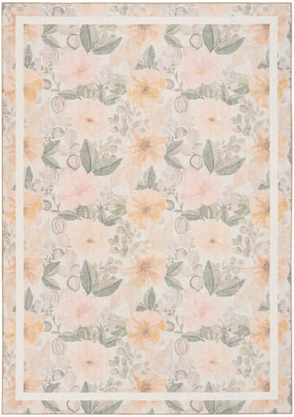 Soft floral rug with peach and yellow blooms and gray-green leaves on a pale background.