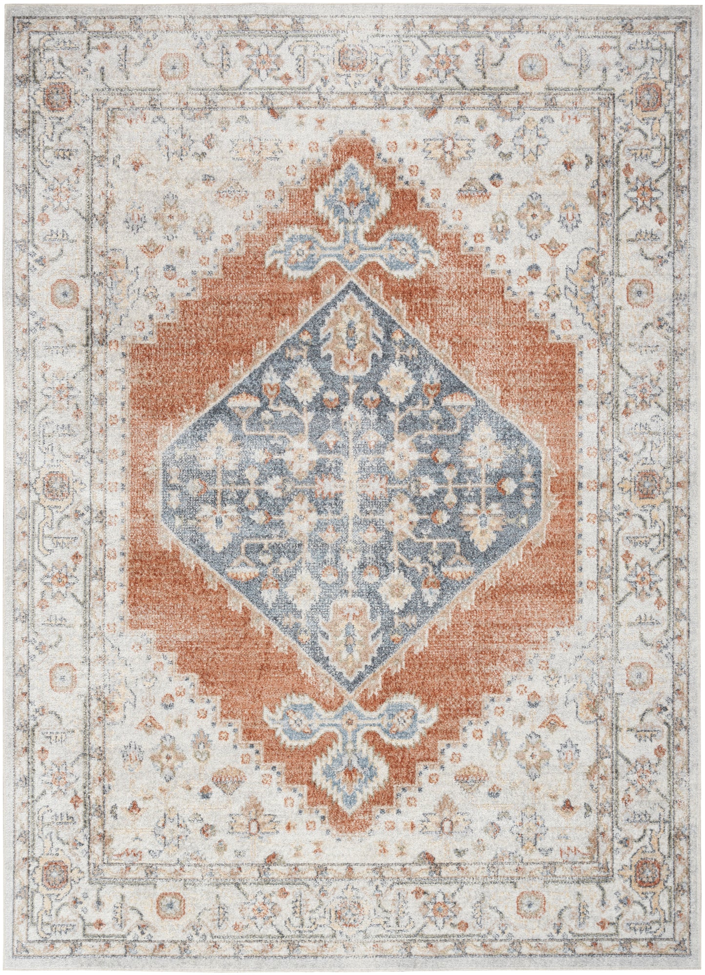 Vintage-style area rug with blue diamond medallion inside rust-orange frame on cream field and subtle borders.