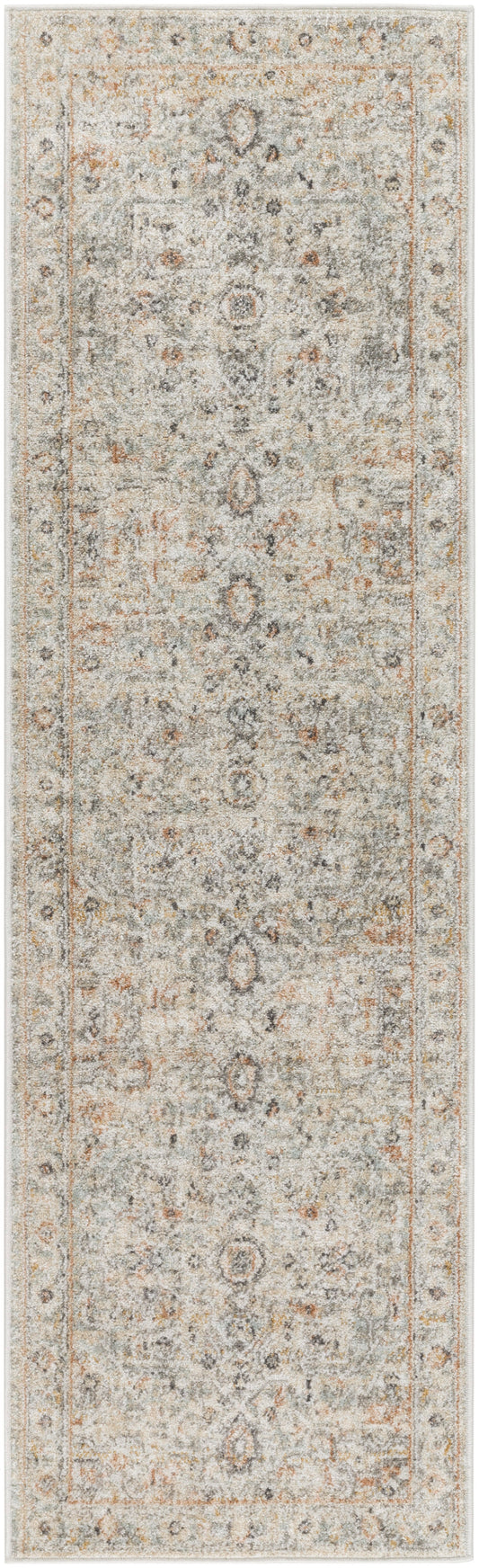 Long rectangular distressed oriental rug in muted gray and ivory with orange accents, vintage floral border, soft pile.