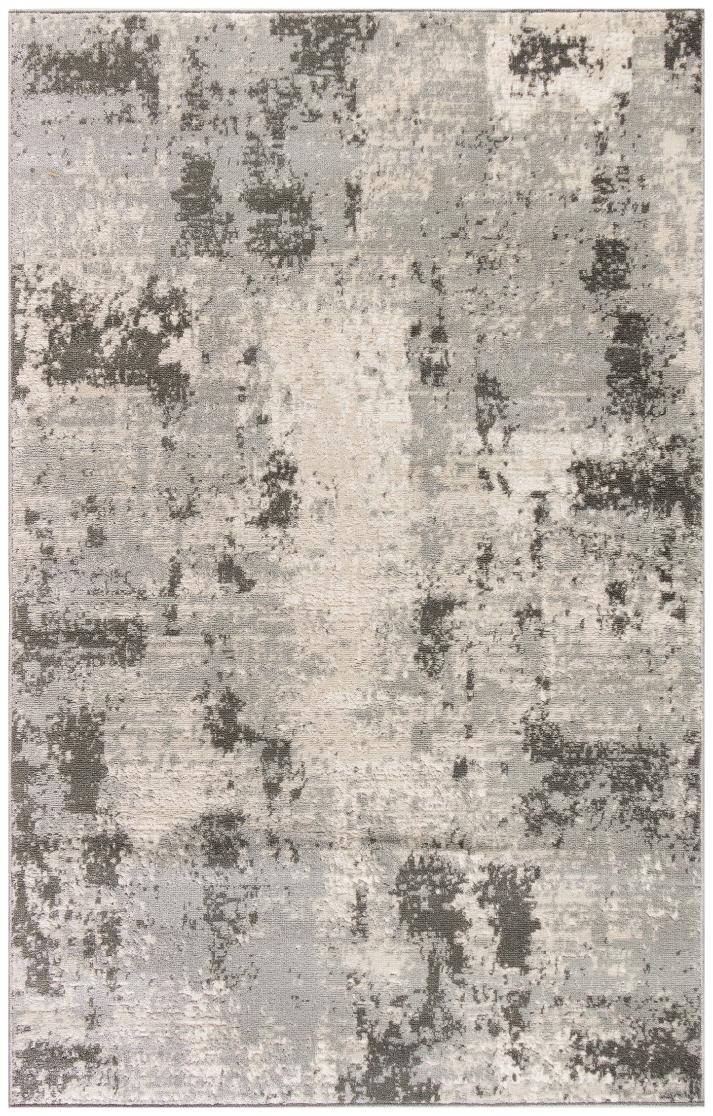 Abstract distressed gray and beige area rug with soft plush pile; modern neutral tones for living rooms
