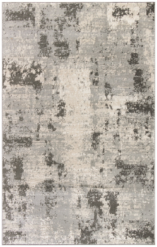 Abstract distressed gray and beige area rug with soft plush pile; modern neutral tones for living rooms