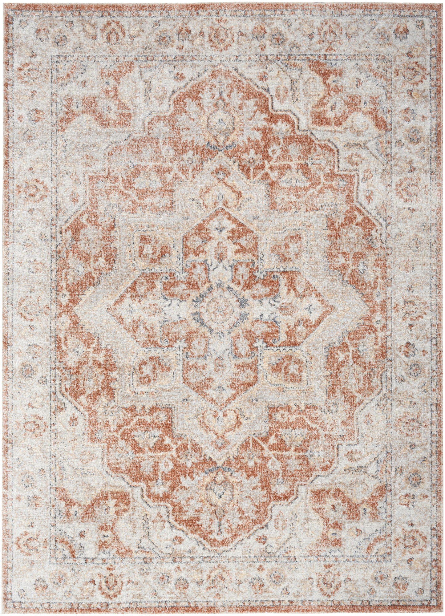 Rust orange and ivory distressed oriental rug with central medallion and ornate border, rectangular area rug.