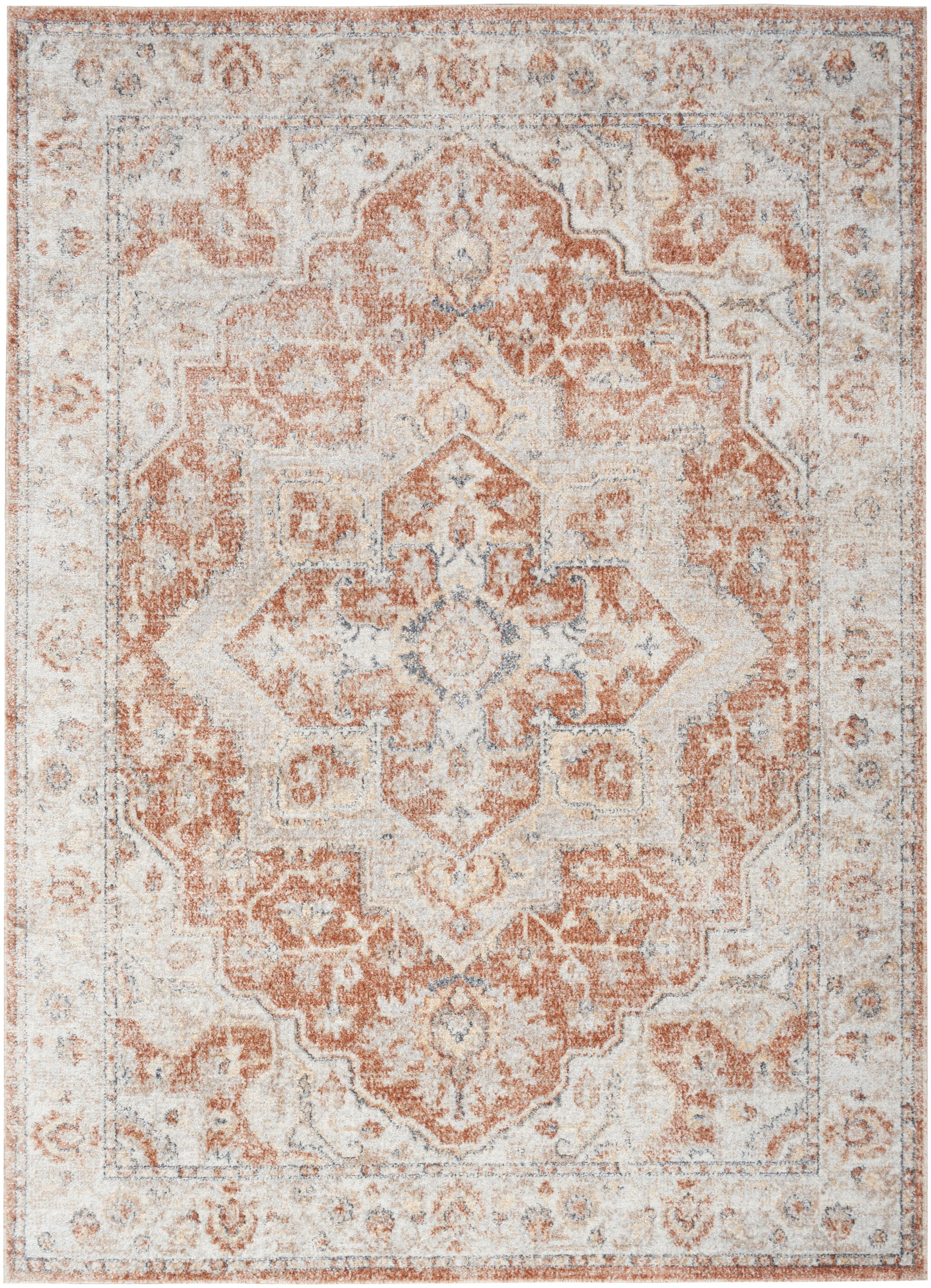 Rust orange and ivory distressed oriental rug with central medallion and ornate border, rectangular area rug.