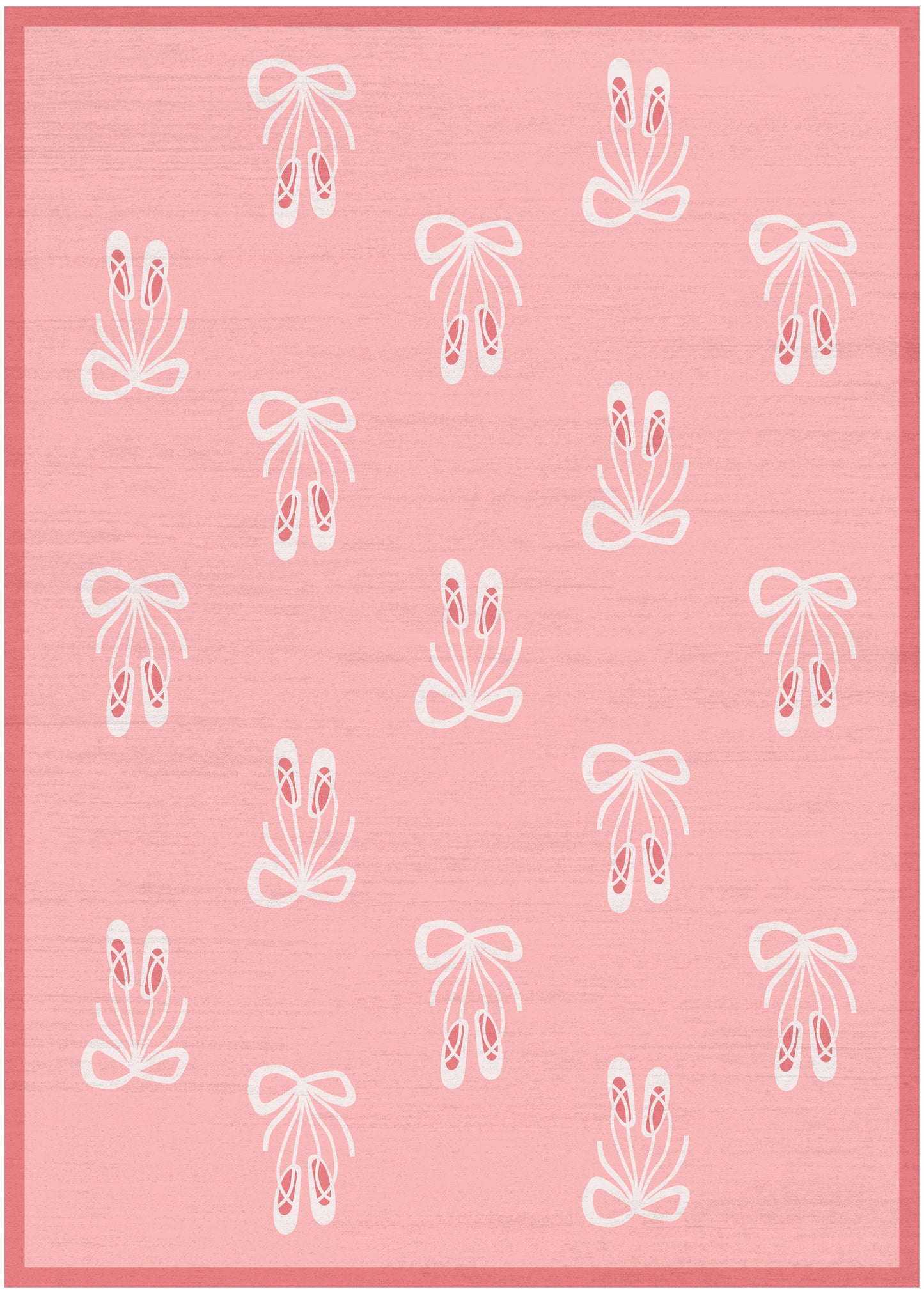 Pink rectangular rug with white ballet-slipper and bow motifs repeated across; soft textured surface and pink border.
