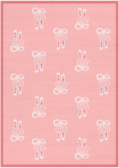 Pink rectangular rug with white ballet-slipper and bow motifs repeated across; soft textured surface and pink border.