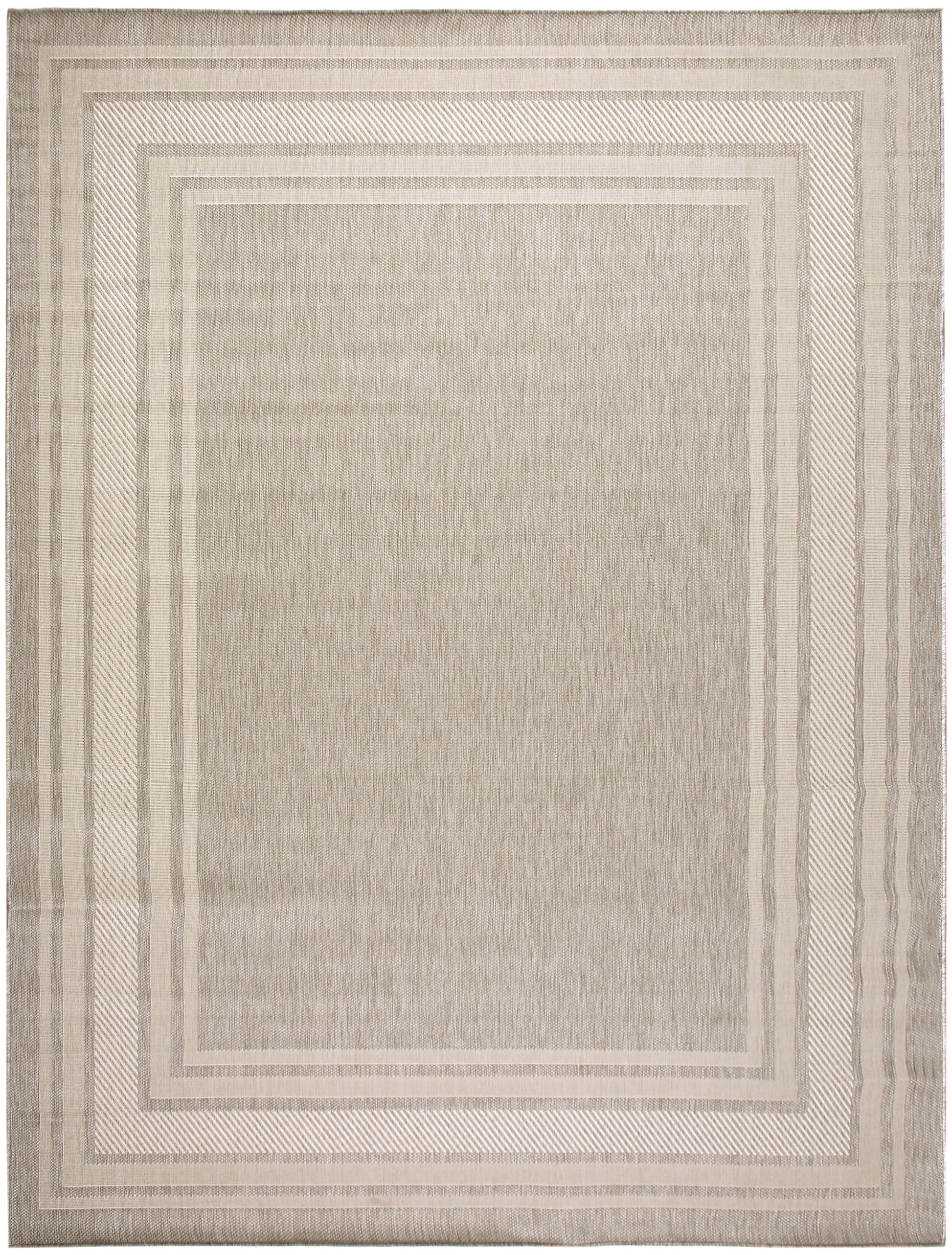 Beige flat-weave area rug with concentric rectangular borders in soft taupe tones.