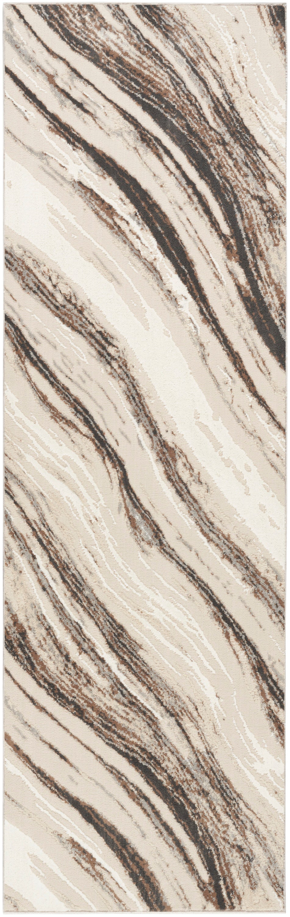 Rectangular beige runner rug with swirling cream, taupe and dark brown marble stripes.