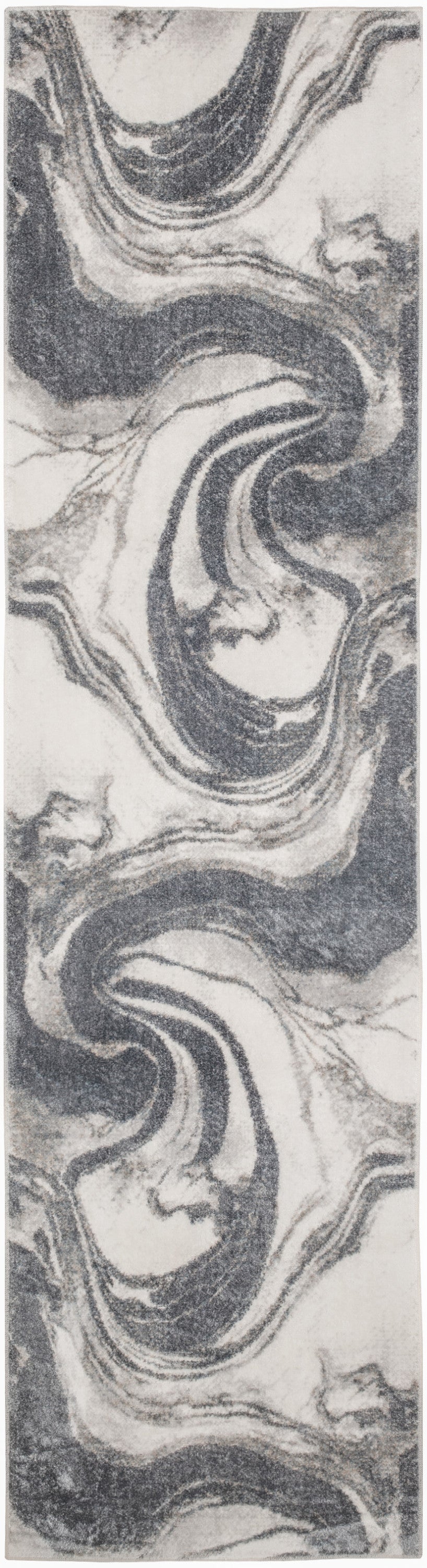 Narrow vertical strip with gray marble swirls in charcoal and light gray; abstract marble pattern suitable for fabric or wallpaper.