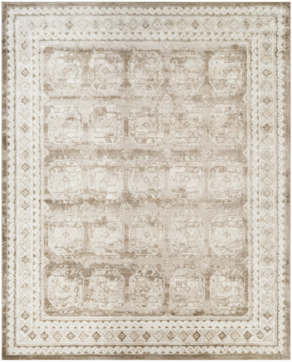 Rectangular beige vintage-style area rug with faded geometric medallion pattern and ornate border.