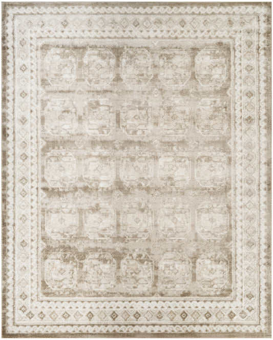 Rectangular beige vintage-style area rug with faded geometric medallion pattern and ornate border.