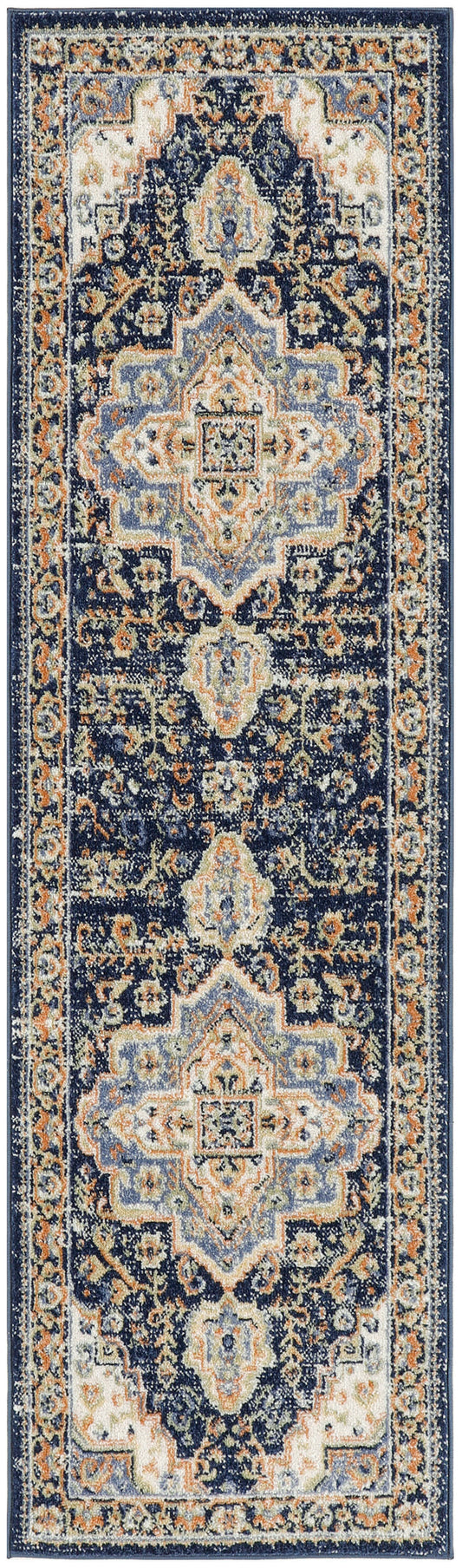 Navy blue oriental runner rug with cream, orange and light blue medallion motifs and ornate border.