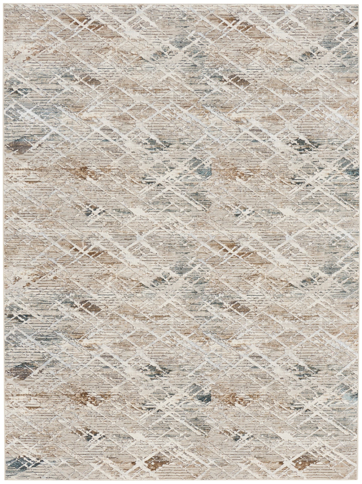 Rectangular beige distressed area rug with cream lattice pattern and subtle gray-blue accents woven texture
