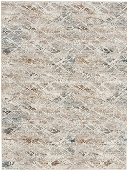 Rectangular beige distressed area rug with cream lattice pattern and subtle gray-blue accents woven texture