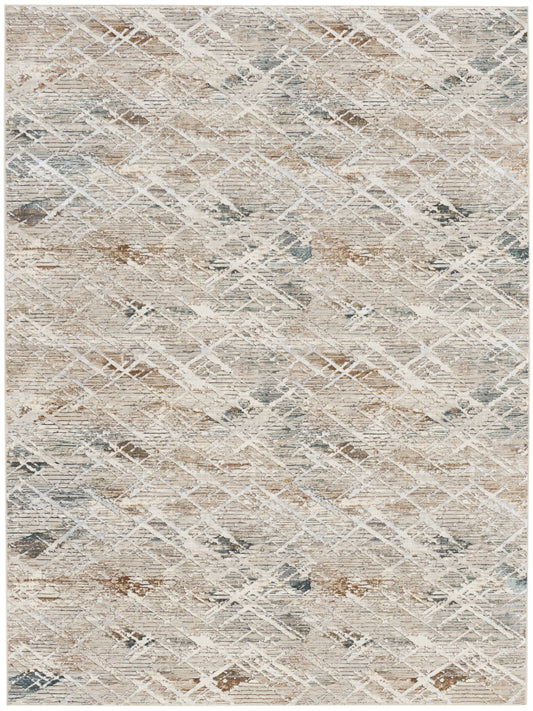 Rectangular beige distressed area rug with cream lattice pattern and subtle gray-blue accents woven texture