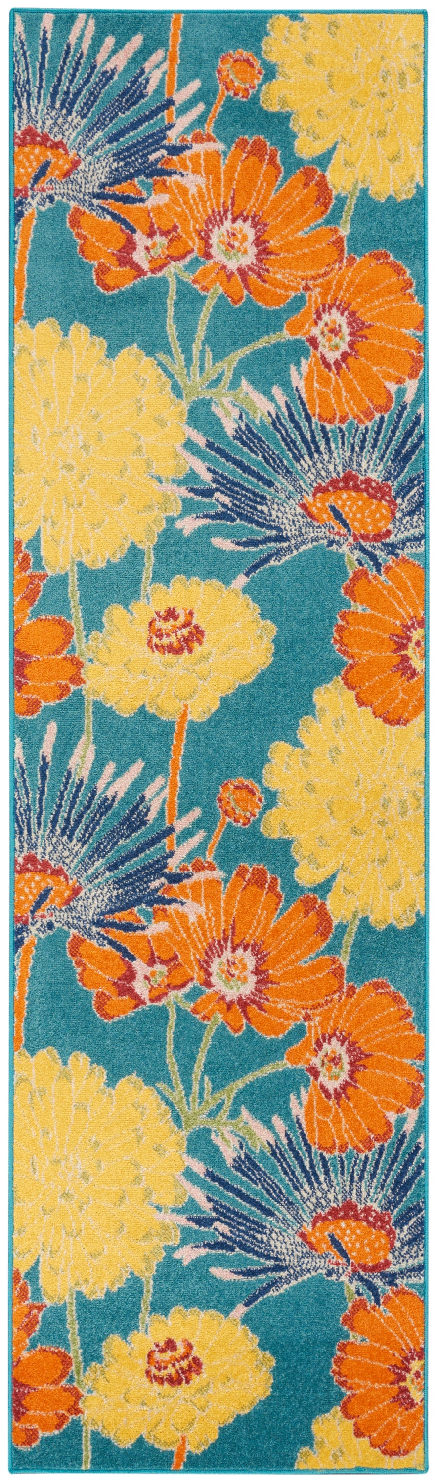 Teal rectangular runner rug with bright yellow and orange blossoms and blue accents, tropical garden motif.