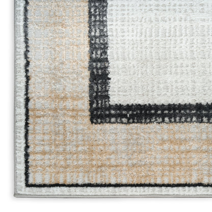 Rectangular textured rug with cream/white inner area, beige outer frame, and a thick black border.
