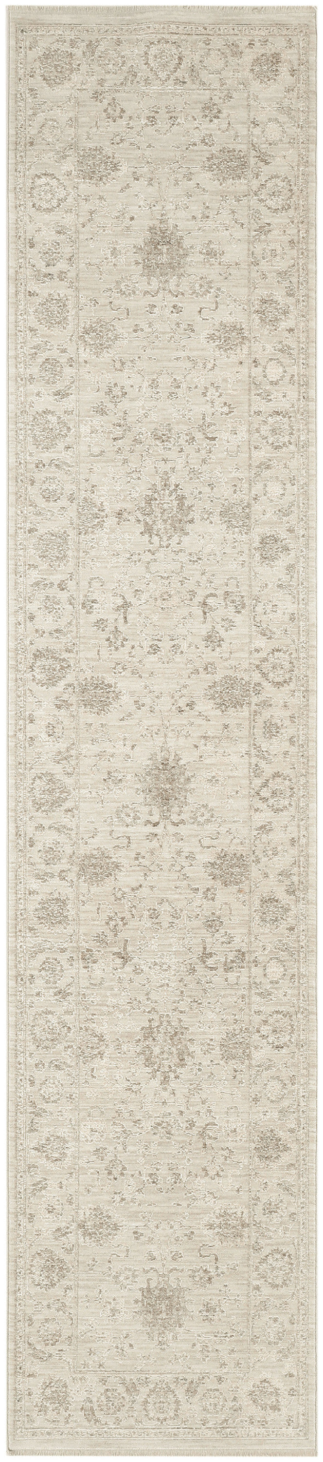 Beige oriental-style runner rug with distressed floral medallions and ornate border in cream-taupe tones.