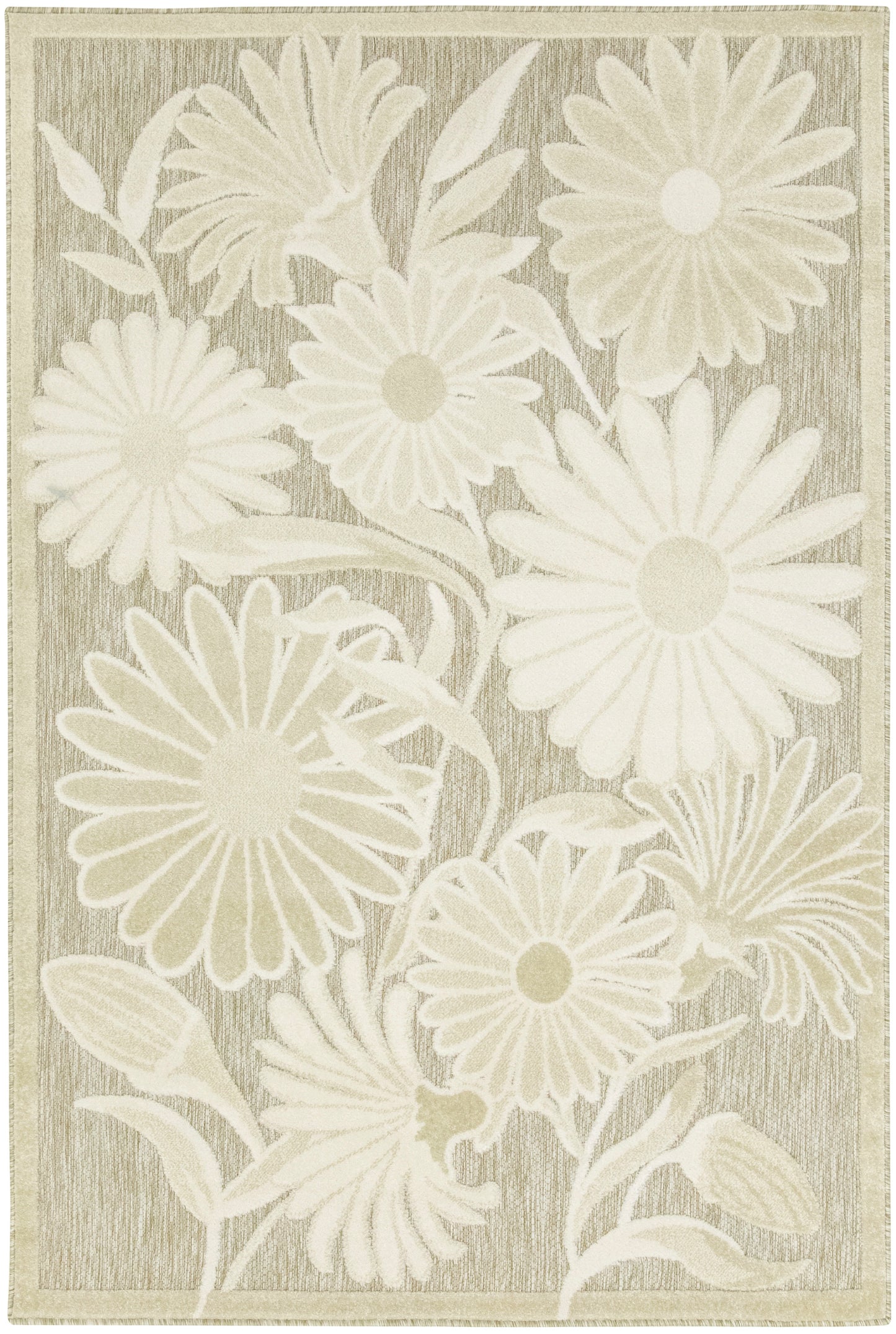 Beige rectangular rug with large ivory daisies and leafy botanical motif, textured background.